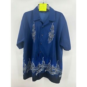 ODO Mens Large‎ Blue Tribal Graphic Print Short Sleeve Button Up Y2K Camp Shirt